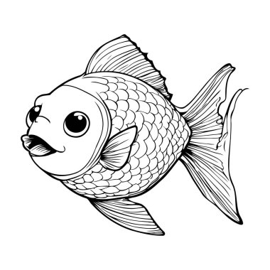 Şirin bir karikatür balığının siyah beyaz vektör çizimi. Beyaz arkaplanda izole.