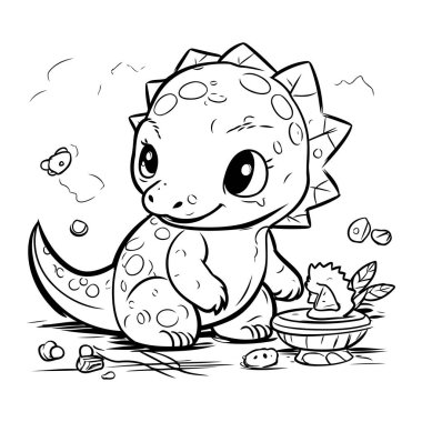 Şirin Dinozor Vektör İllüstrasyonunun Renkli Sayfa Özeti.