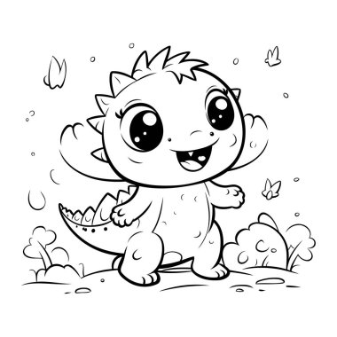 Bahçedeki sevimli bebek dinozor. Siyah ve beyaz vektör çizimi.