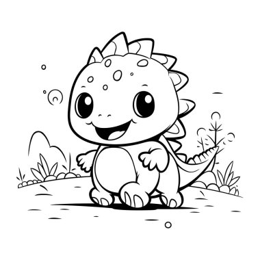 Çimlerin üzerinde oturan sevimli dinozor. Boyama kitabı için Vektör illüstrasyonu.