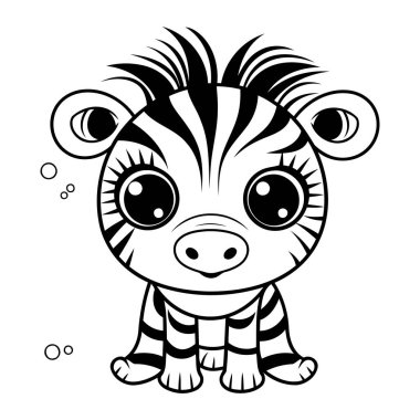 Tatlı çizgi film zebrası. Beyaz arkaplanda izole edilmiş siyah ve beyaz vektör çizimi.