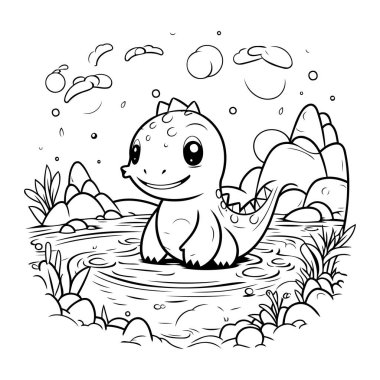 Çocuklar için boyama kitabı. Su birikintisinde sevimli bir dinozor.