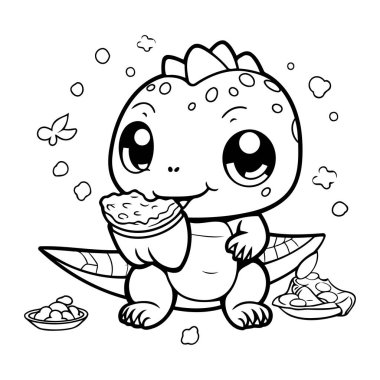 Pirinç yiyen küçük sevimli bir dinozorun vektör çizimi. Çocuklar için boyama kitabı.