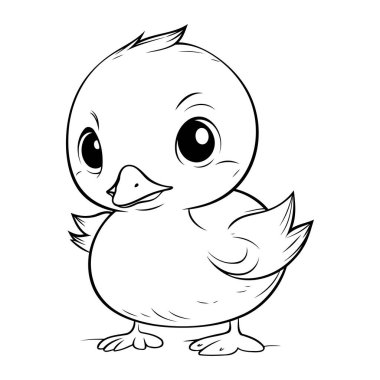 Ördek Yavrusu Siyah-Beyaz Çizgi Film Çizimi. Beyaz Arkaplanda İzole Edilmiş