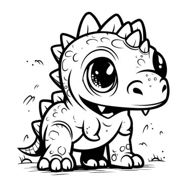 Şirin Karikatür Dinozor Siyah ve Beyaz Vektör İllüzyonu. EPS10