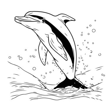 Yunus sudan atlıyor. siyah ve beyaz vektör çizimi.