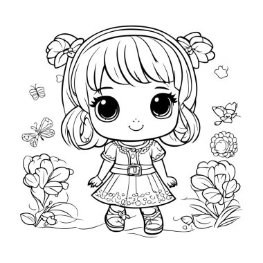 Çiçekli şirin küçük kız. Boyama kitabı için Vektör illüstrasyonu.