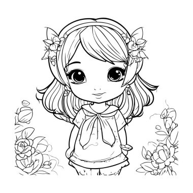 Çiçekli şirin küçük kız. Boyama kitabı için Vektör illüstrasyonu.