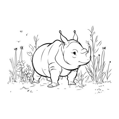 Çimenlerdeki sevimli gergedanlar. Vektör illüstrasyonu.