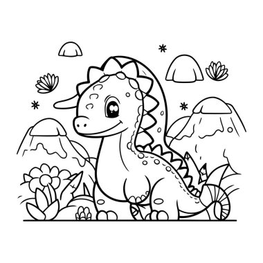 Çocuklar için boyama sayfası. Ormandaki dinozor. Vektör illüstrasyonu