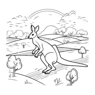 Sahada kanguru. Siyah ve beyaz vektör çizimi.
