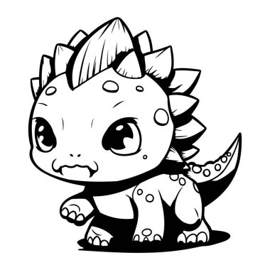 Şirin Karikatür Dinozor Siyah ve Beyaz Vektör İllüzyonu. Beyaz Arkaplanda İzole Edilmiş