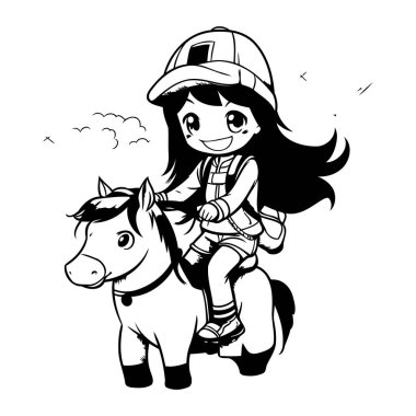 Ata binen bir kızın vektör çizimi. Siyah ve beyaz.