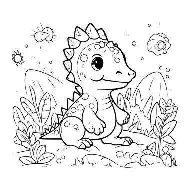 Şirin Dinozor Vektör İllüstrasyonunun Renkli Sayfa Özeti.