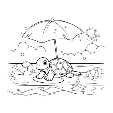 Çocuklar için boyama kitabı. Şemsiyenin altındaki deniz kaplumbağası. Vektör illüstrasyonu.