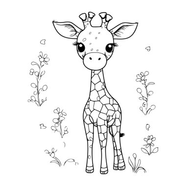 Şirin zürafa. Boyama kitabı için el çizimi vektör çizimi.