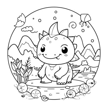Manzaradaki küçük sevimli dinozor. boyama kitabı vektör çizimi tasarımı