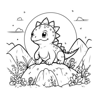 Şirin Dinozor Vektör İllüstrasyonunun Renkli Sayfa Özeti.