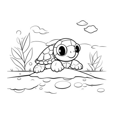 Kumsaldaki küçük şirin kaplumbağa. Boyama kitabı için Vektör illüstrasyonu