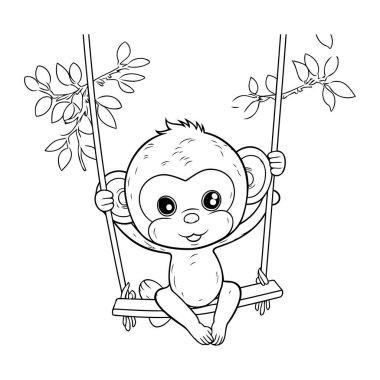 Swing karikatürü vektör illüstrasyon grafik tasarımı siyah ve beyaz sevimli maymun