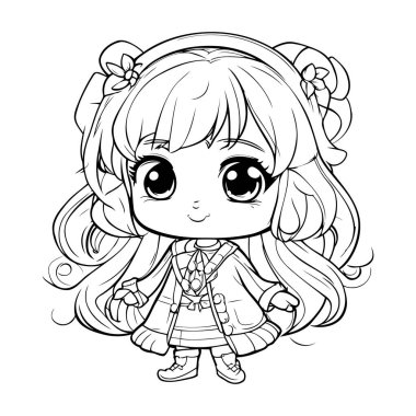 Okul üniformalı şirin küçük kız. Boyama kitabı için Vektör illüstrasyonu.