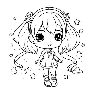 Uzun saçlı şirin küçük kızın boyama sayfası. Vektör illüstrasyonu.