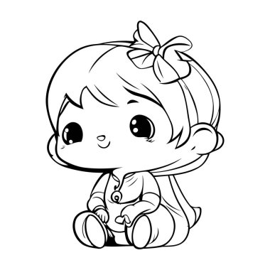 Boyama kitabı için küçük tatlı kız siyah beyaz vektör çizimi