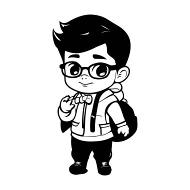 Gözlüklü, sırt çantalı, vektör çizimi çizimli şirin bir çocuk.