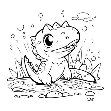 Şirin Dinozor Vektör İllüstrasyonunun Renkli Sayfa Özeti.