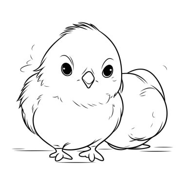 Beyaz arka planda yumurtası olan küçük bir civciv tasviri