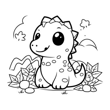 Çiçekleri ve yaprakları olan sevimli bir dinozor. Çocuklar için boyama kitabı.