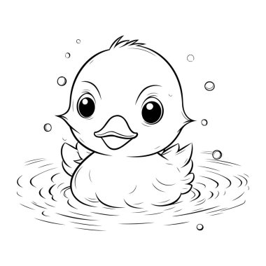 Suda yüzen şirin küçük ördek yavrusu. Siyah ve beyaz vektör çizimi