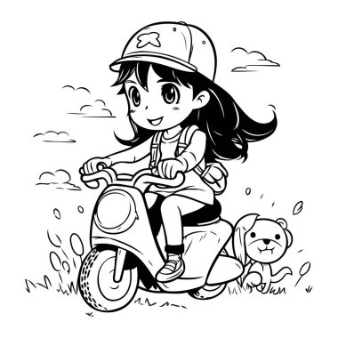 Köpeğiyle scooter süren bir kız. Vektör çizimi. Çocuklar için boyama kitabı.