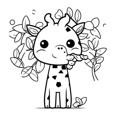 Yaprakları olan şirin bir zürafa. Boyama kitabı için Vektör illüstrasyonu.