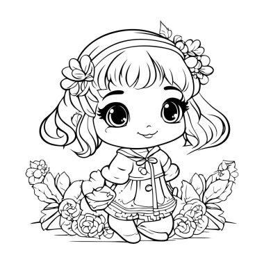 Çiçekli şirin küçük kız. Boyama kitabı için Vektör illüstrasyonu.