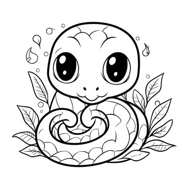 Yaprakları olan sevimli bir yılan. Vektör çizimi. Çocuklar için boyama kitabı.