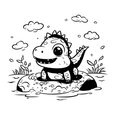 Taş üstünde şirin bir karikatür dinozor. Boyama kitabı için Vektör illüstrasyonu.