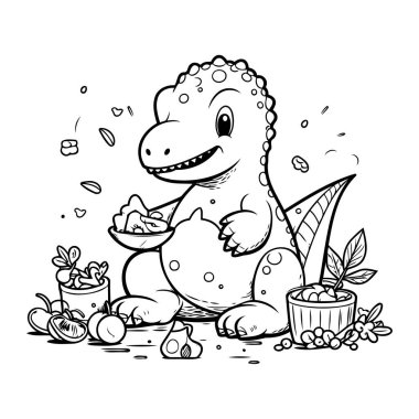 Yiyeceği olan sevimli bir karikatür dinozor. Boyama kitabı için Vektör illüstrasyonu.