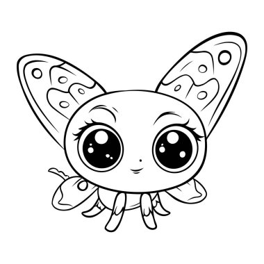 Sevimli çizgi film kelebeği. Boyama kitabı için siyah ve beyaz vektör çizimi.