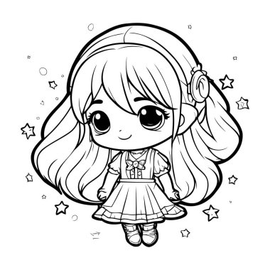 Kulaklıklı şirin bir kız. Boyama kitabı için siyah ve beyaz vektör çizimi.