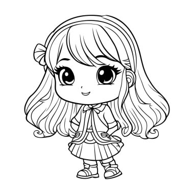 Uzun saçlı tatlı küçük kız. Boyama kitabı için Vektör illüstrasyonu.