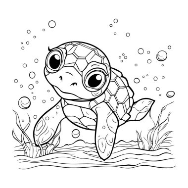 Çocuklar için boyama kitabı. Küçük şirin kaplumbağa denizde yüzüyor.