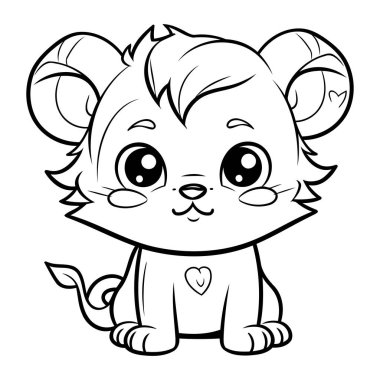 Siyah ve Beyaz Çizgi Film Sevimli Küçük Aslan Hayvan Karakteri Çizim Kitabı