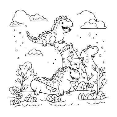 Peyzaj vektörü illüstrasyon tasarımında sevimli tyrannosaurus rex çifti