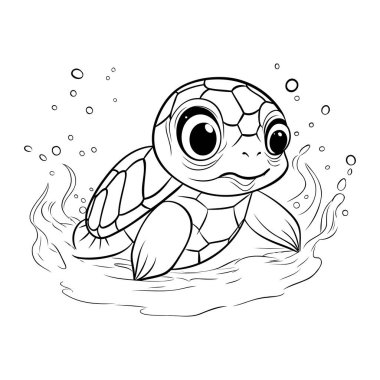 Denizde yüzen sevimli çizgi film kaplumbağası. Çocuklar için boyama kitabı.