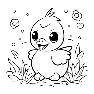 Siyah ve Beyaz Çizgi Film Boyama Kitabı için Sevimli Küçük Tavuk Hayvan Karakteri