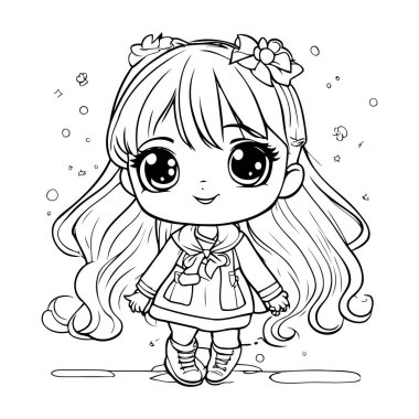 Uzun saç boyama sayfası olan sevimli küçük bir kız. Vektör illüstrasyonu.