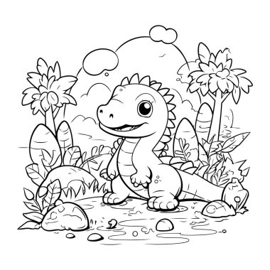 Şirin Dinozor Vektör İllüstrasyonunun Renkli Sayfa Özeti.