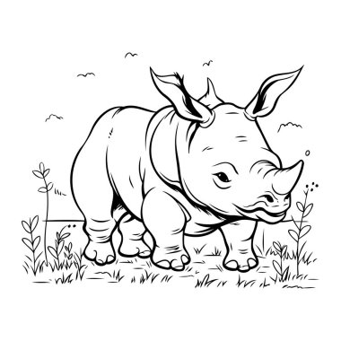 Gergedan. Boyama kitabı için siyah ve beyaz vektör çizimi