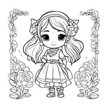 Çiçekli şirin küçük kız. Boyama kitabı için Vektör illüstrasyonu.